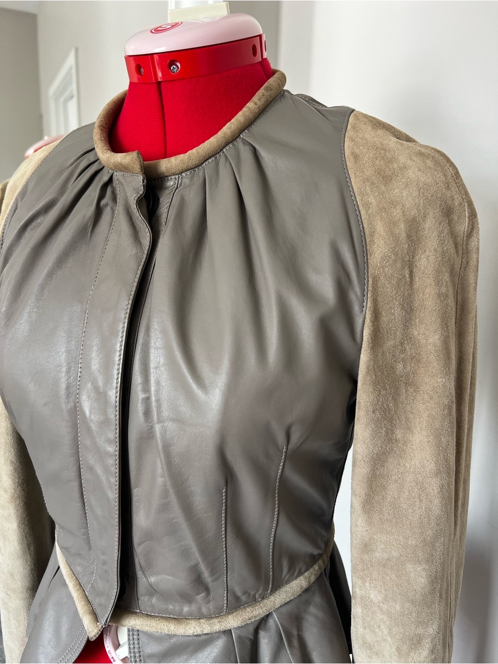 Burberry Taupe Leather and Suede Peplum Jacket